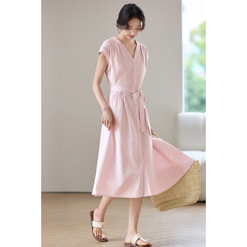 Linen Dress Wrap - Robe midi rose élégante SENTUBILA pour